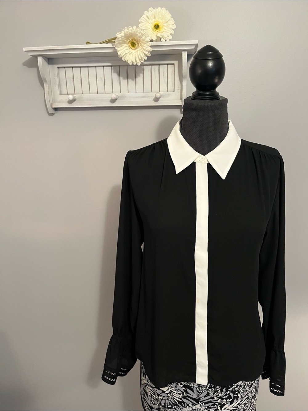 Halogen Black Button-Down Blouse with White Contrast Collar EUC